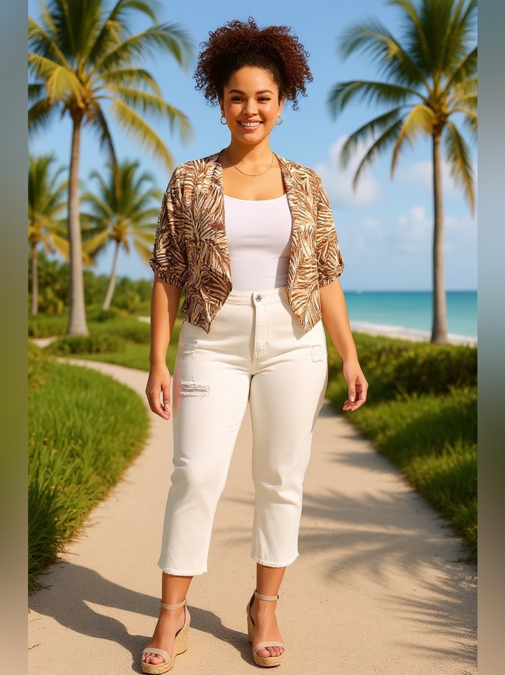 CJ Banks 0X brown/white tropical linen blend open crop short sleeve jacket